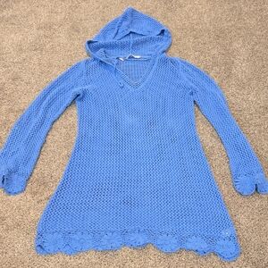 Athleta Women Blue Knit Hooded Top Crochet  Cover Up Tunic Dress Sz M